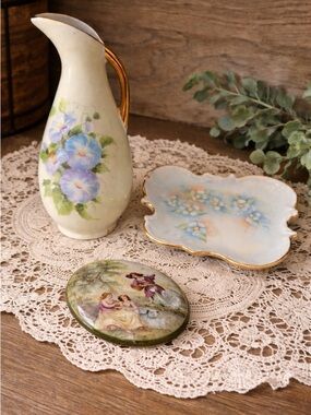 Vintage Porcelain Floral Vase Dish Plaque Cottagecore Decor Lot Gold Trim AM S